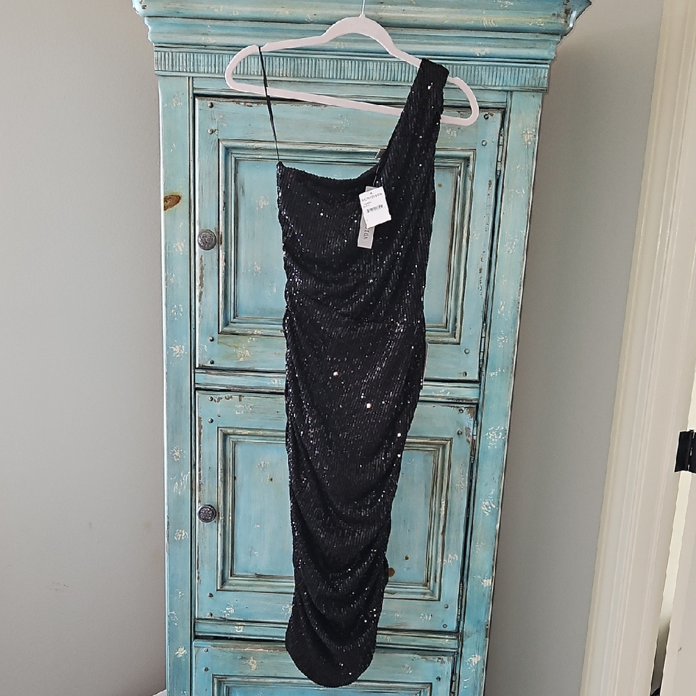 NWT Black Sequin One-Shoulder Dress